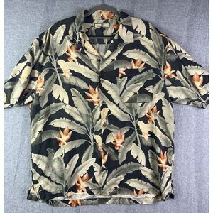 TOMMY‎ BAHAMA 100% Silk XL Green Palm Leaf Flower Button Down Short Sleeve Shirt